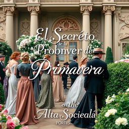 A captivating book cover design for "El Secreto de la Primavera en la Alta Sociedad," featuring a luxurious spring garden party scene