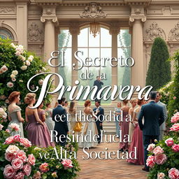 A captivating book cover design for "El Secreto de la Primavera en la Alta Sociedad," featuring a luxurious spring garden party scene