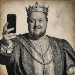 Vintage style drawing of King Henry VIII taking a selfie; monochrome tones depicting old age, slight fading, and antique textures