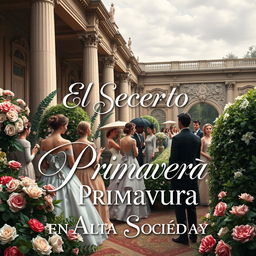 A captivating book cover design for "El Secreto de la Primavera en la Alta Sociedad," featuring a luxurious spring garden party scene