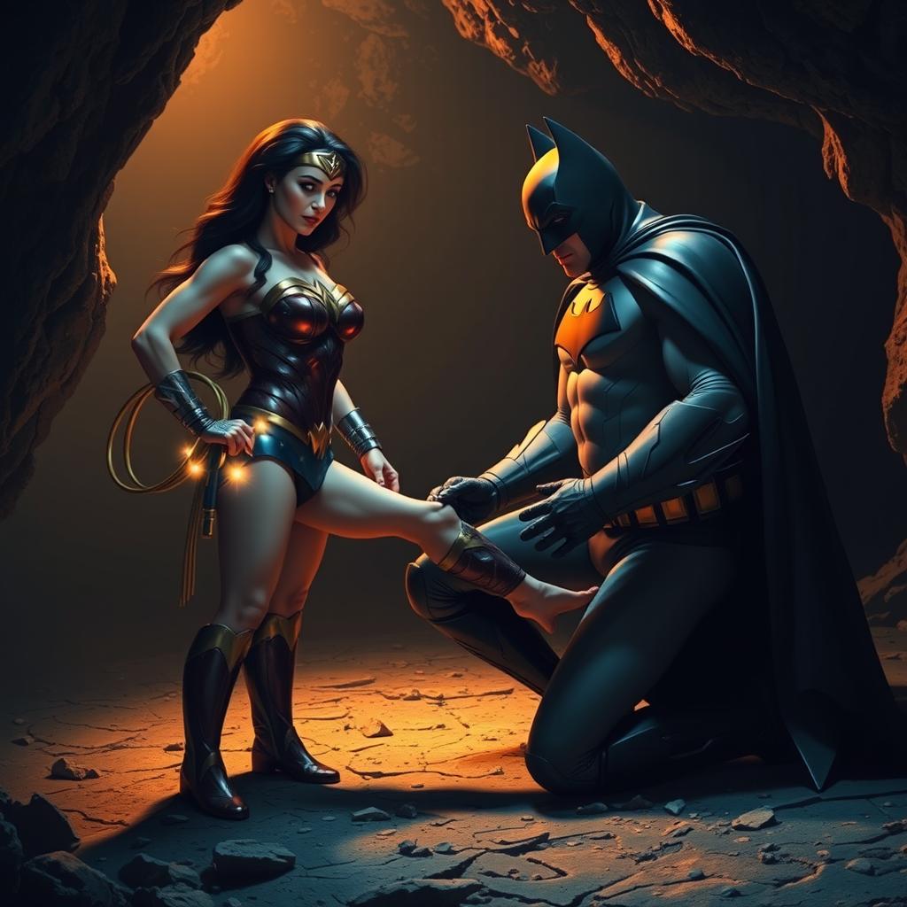Batman kneeling down in a dimly lit cave, gently holding Wonder Woman's bare foot with a sense of reverence
