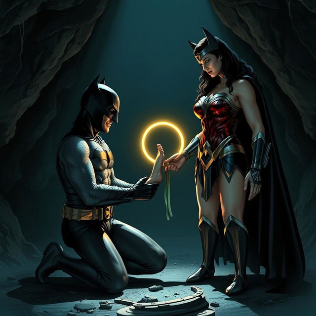 Batman kneeling down in a dimly lit cave, gently holding Wonder Woman's bare foot with a sense of reverence