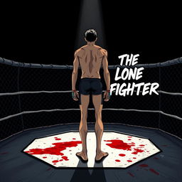 A skinny MMA fighter standing alone in an octagon ring, illustrated in a dynamic manga style