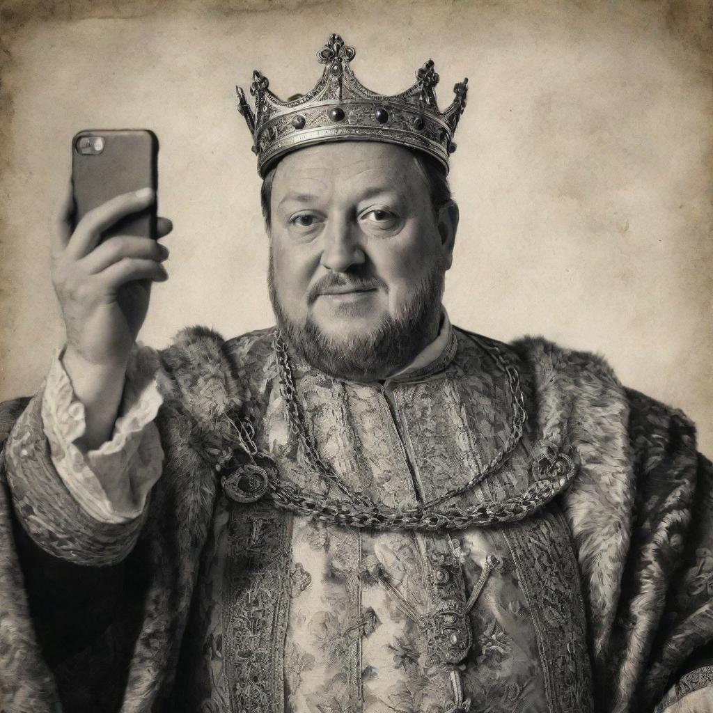 Vintage style drawing of King Henry VIII taking a selfie; monochrome tones depicting old age, slight fading, and antique textures