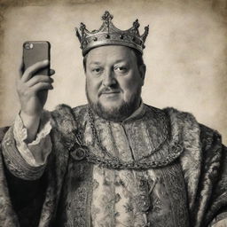 Vintage style drawing of King Henry VIII taking a selfie; monochrome tones depicting old age, slight fading, and antique textures