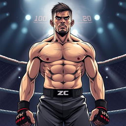 A powerful MMA fighter standing alone in an octagon ring, illustrated in a dynamic manga style