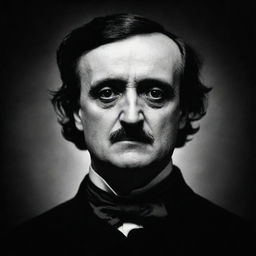 A classic, black and white portrait of the famed author, Edgar Allan Poe, with high contrast. The image should embody the dark, gothic atmosphere of his works.