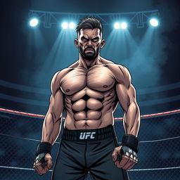 A powerful MMA fighter standing alone in an octagon ring, illustrated in a dynamic manga style