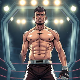 A powerful MMA fighter standing alone in an octagon ring, illustrated in a dynamic manga style