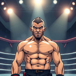 A powerful MMA fighter standing alone in an octagon ring, illustrated in a dynamic manga style