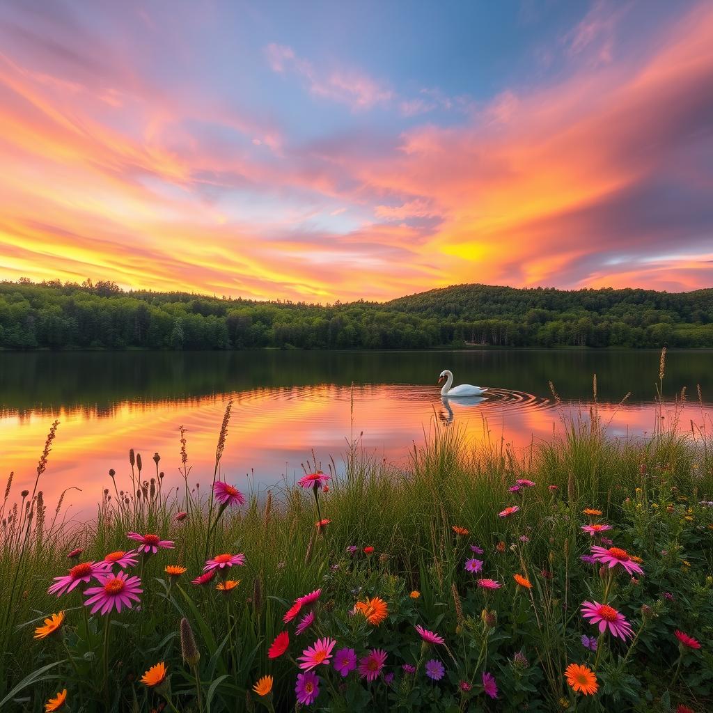 A serene landscape depicting a calm lake surrounded by lush green forests