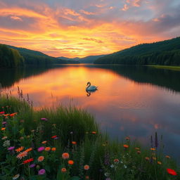 A serene landscape depicting a calm lake surrounded by lush green forests