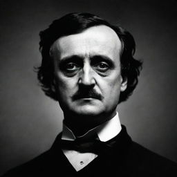 A classic, black and white portrait of the famed author, Edgar Allan Poe, with high contrast. The image should embody the dark, gothic atmosphere of his works.