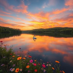 A serene landscape depicting a calm lake surrounded by lush green forests