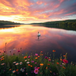 A serene landscape depicting a calm lake surrounded by lush green forests