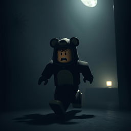 A Roblox character wearing a bear costume, running and appearing scared in a dark, atmospheric room