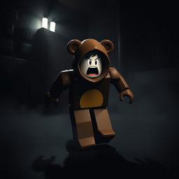 A Roblox character wearing a bear costume, running and appearing scared in a dark, atmospheric room