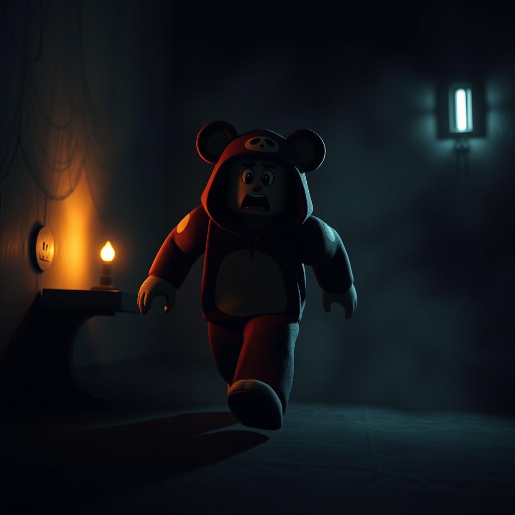 A Roblox character wearing a bear costume, running and appearing scared in a dark, atmospheric room