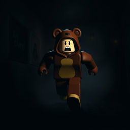 A Roblox character wearing a bear costume, running and appearing scared in a dark, atmospheric room