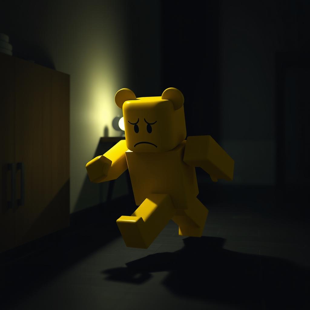 A yellow Roblox-style bear character, running through a dark room with a sad expression