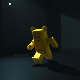 A yellow Roblox-style bear character, running through a dark room with a sad expression