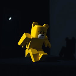 A yellow Roblox-style bear character, running through a dark room with a sad expression