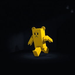 A yellow Roblox-style bear character, running through a dark room with a sad expression