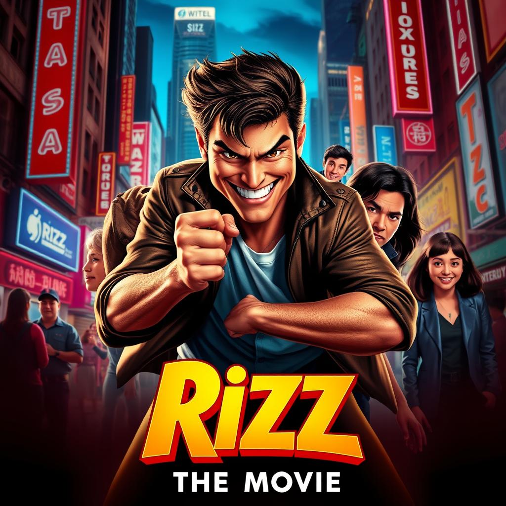 Film poster for "Rizz: The Movie" featuring a charismatic and confident protagonist with a mischievous grin