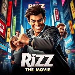 Film poster for "Rizz: The Movie" featuring a charismatic and confident protagonist with a mischievous grin