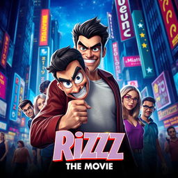 Film poster for "Rizz: The Movie" featuring a charismatic and confident protagonist with a mischievous grin