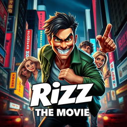 Film poster for "Rizz: The Movie" featuring a charismatic and confident protagonist with a mischievous grin