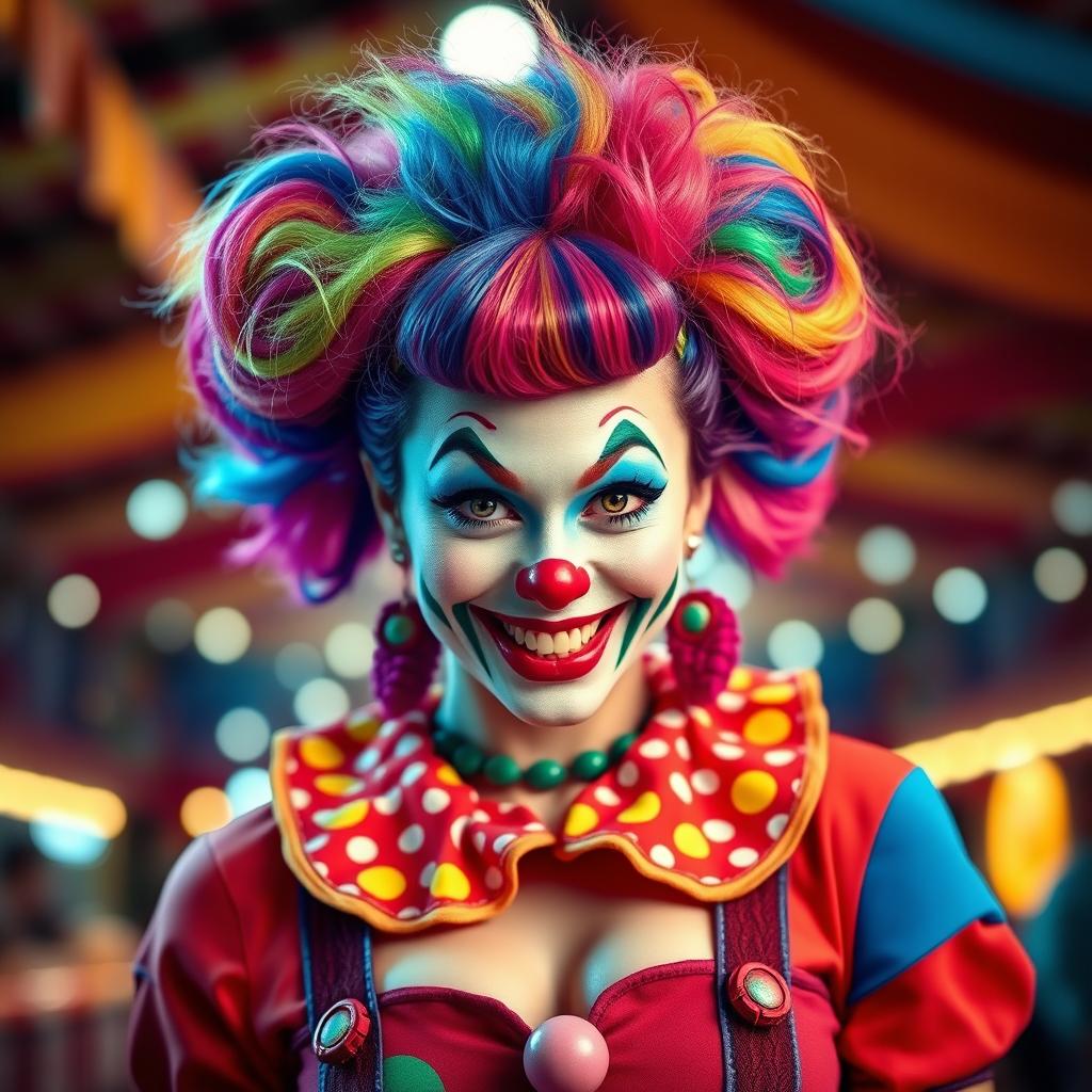 A sexy clown girl with bright, colorful makeup and playful attire