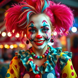 A sexy clown girl with bright, colorful makeup and playful attire