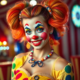 A sexy clown girl with bright, colorful makeup and playful attire