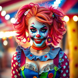 A sexy clown girl with bright, colorful makeup and playful attire