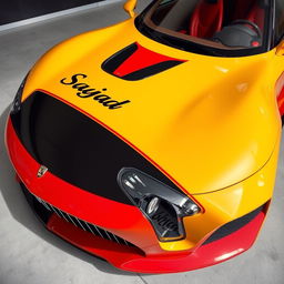 A super luxury car in a bold color scheme of yellow, black, and red, with an elegant and sleek design