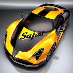 A super luxury car in a bold color scheme of yellow, black, and red, with an elegant and sleek design