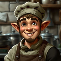 A realistic headshot of a male halfling who works as a cook at a local tavern