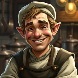 A realistic headshot of a male halfling who works as a cook at a local tavern