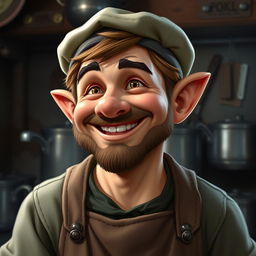 A realistic headshot of a male halfling who works as a cook at a local tavern