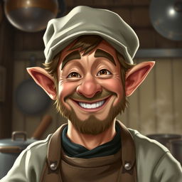 A realistic headshot of a male halfling who works as a cook at a local tavern