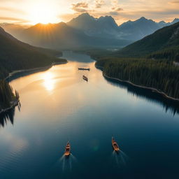 aerial view of a tranquil mountain lake reflecting the golden hues of a setting sun, surrounded by lush evergreen forests and jagged peaks in the distance, small wooden boats gently floating on the water, creating soft ripples, the scene exudes serenity and natural beauty