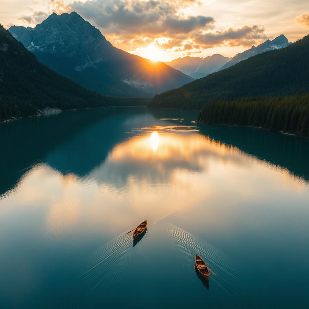 aerial view of a tranquil mountain lake reflecting the golden hues of a setting sun, surrounded by lush evergreen forests and jagged peaks in the distance, small wooden boats gently floating on the water, creating soft ripples, the scene exudes serenity and natural beauty