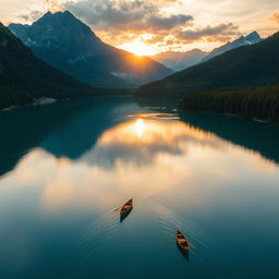 aerial view of a tranquil mountain lake reflecting the golden hues of a setting sun, surrounded by lush evergreen forests and jagged peaks in the distance, small wooden boats gently floating on the water, creating soft ripples, the scene exudes serenity and natural beauty