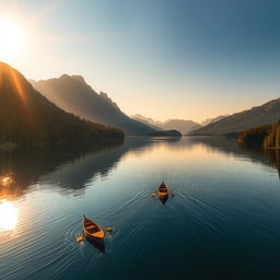aerial view of a tranquil mountain lake reflecting the golden hues of a setting sun, surrounded by lush evergreen forests and jagged peaks in the distance, small wooden boats gently floating on the water, creating soft ripples, the scene exudes serenity and natural beauty