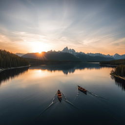 aerial view of a tranquil mountain lake reflecting the golden hues of a setting sun, surrounded by lush evergreen forests and jagged peaks in the distance, small wooden boats gently floating on the water, creating soft ripples, the scene exudes serenity and natural beauty