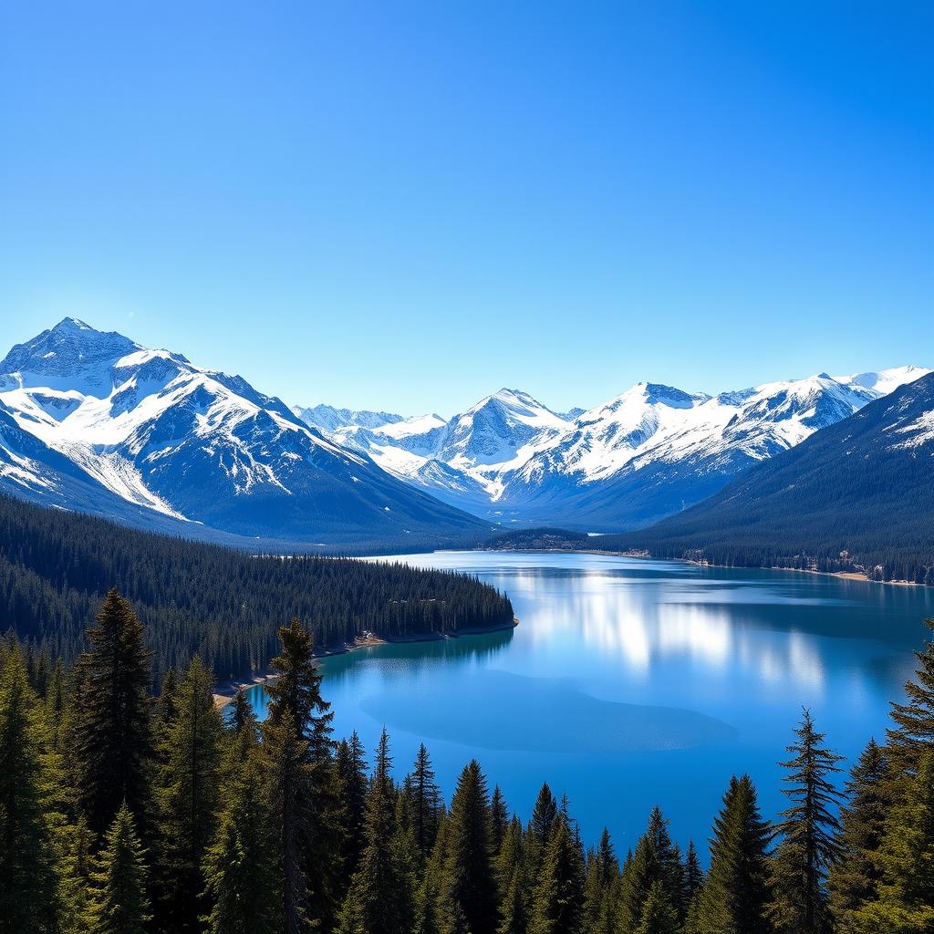 A spectacular view of snow-capped mountains under a clear blue sky, with a serene forest in the foreground and a glistening lake reflecting the scenery