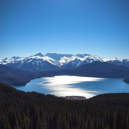 A spectacular view of snow-capped mountains under a clear blue sky, with a serene forest in the foreground and a glistening lake reflecting the scenery