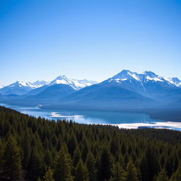 A spectacular view of snow-capped mountains under a clear blue sky, with a serene forest in the foreground and a glistening lake reflecting the scenery