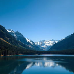 A spectacular view of snow-capped mountains under a clear blue sky, with a serene forest in the foreground and a glistening lake reflecting the scenery